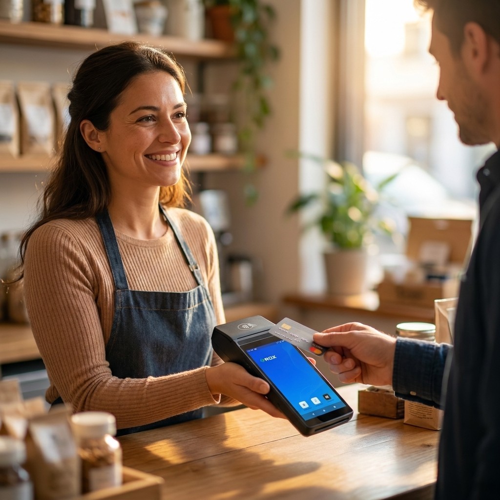 Comerciant care folosește POS RoxPay pentru a accepta plata cu card de credit